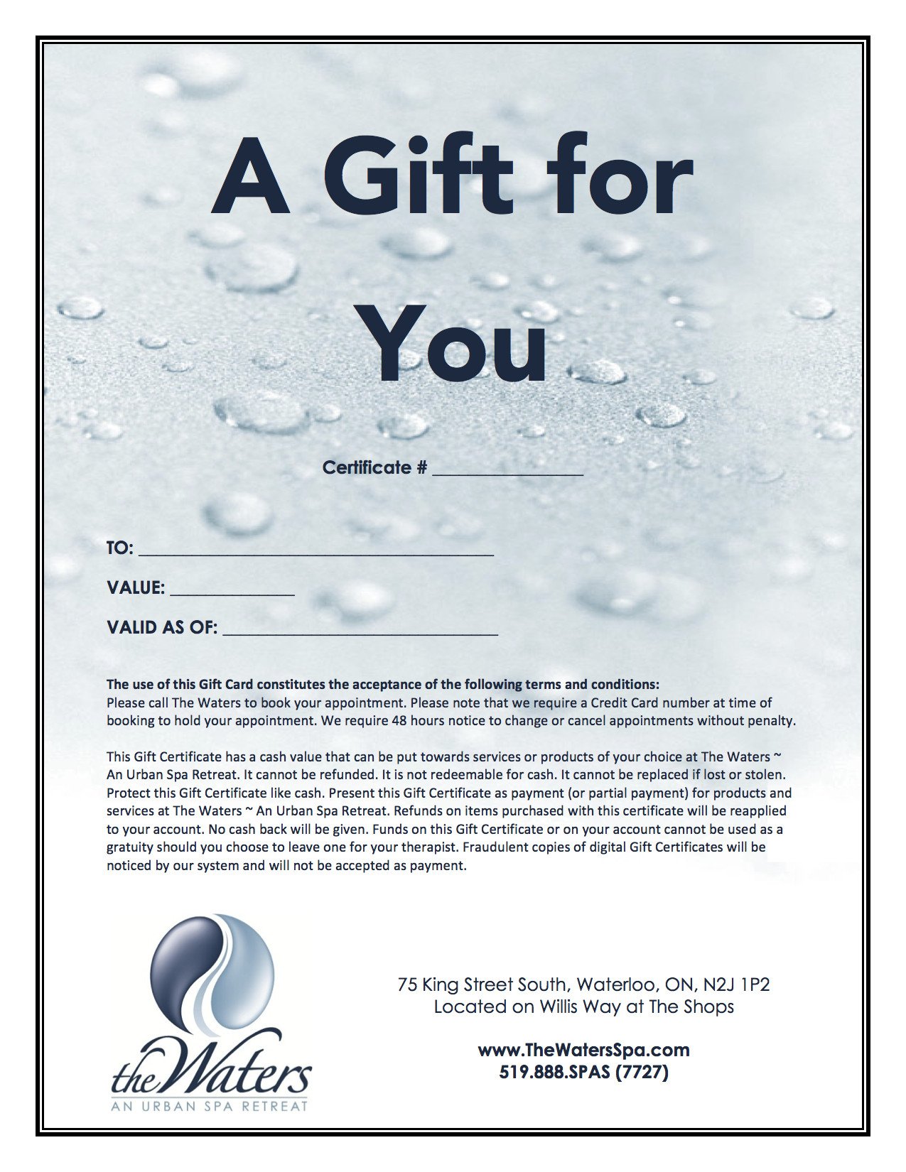 Email Gift Certificate The Waters Spa