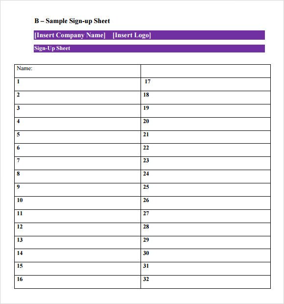 Sample Sign Up Sheet 13 Example Format