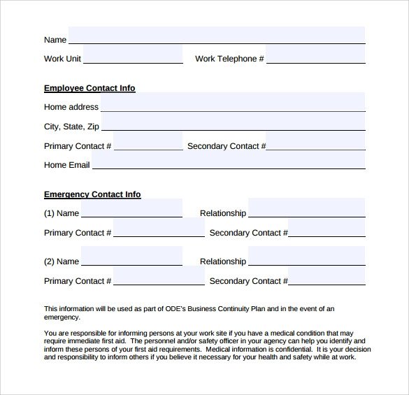 Emergency Contact Forms 11 Download Free Documents in