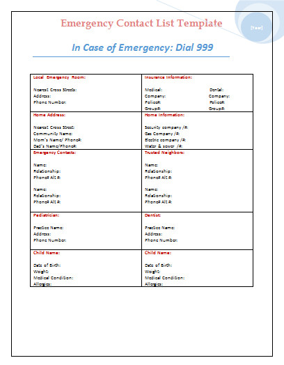Emergency Contact List Template