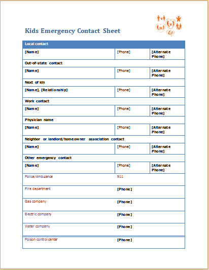 kids emergency contact sheet – Word & Excel Templates
