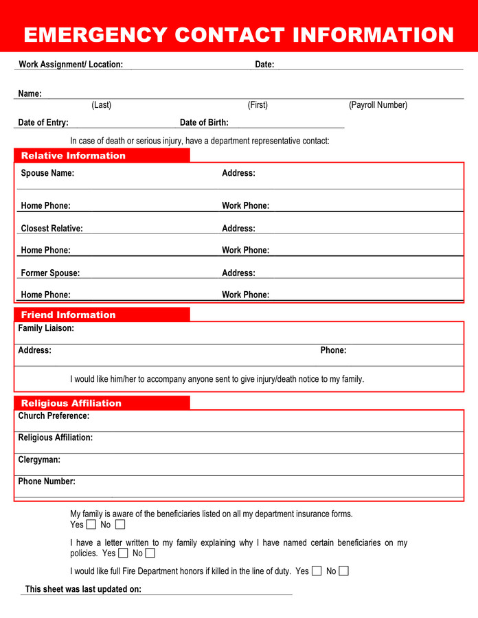 Emergency Contact Form in Word and Pdf formats