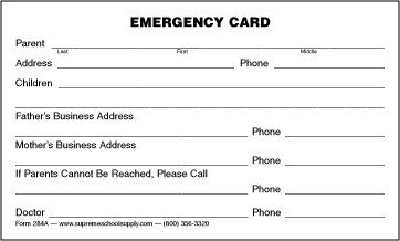 Emergency Information Card 284A Supreme School Supply
