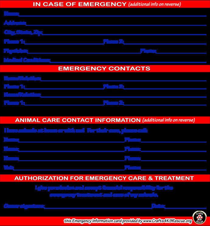 Emergency Information card template by Crafts4K9Rescue on