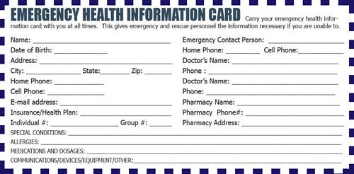 Preparedness list food emergency information card