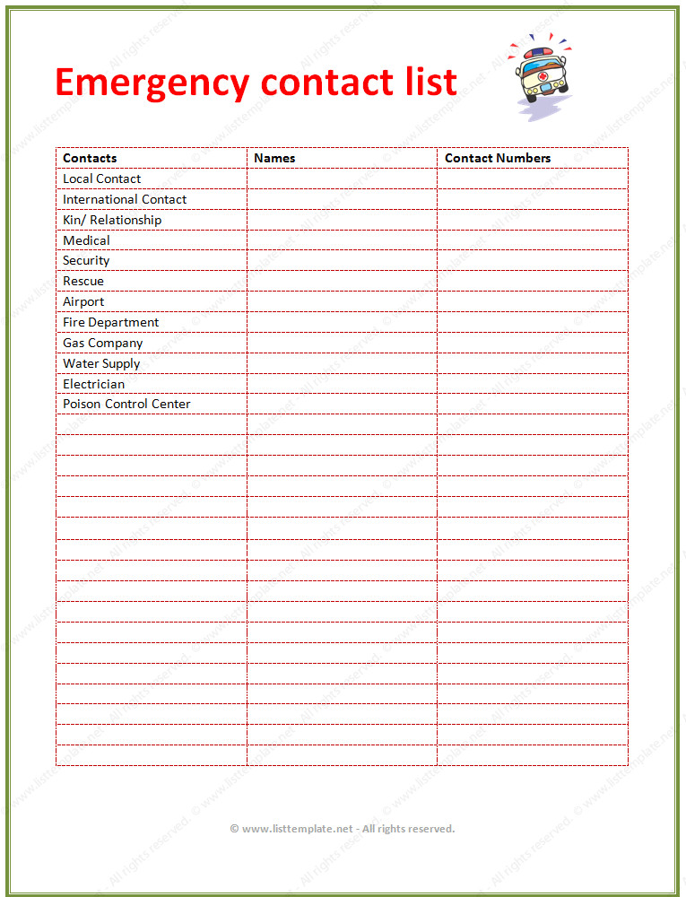 Contact List Template For Emergency List Templates