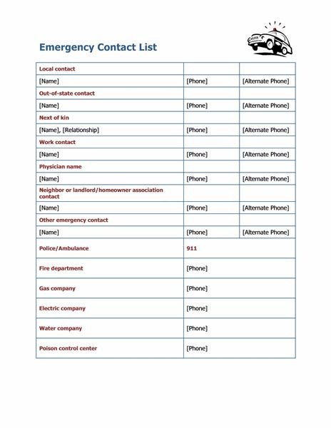 Emergency contact list Templates childcare