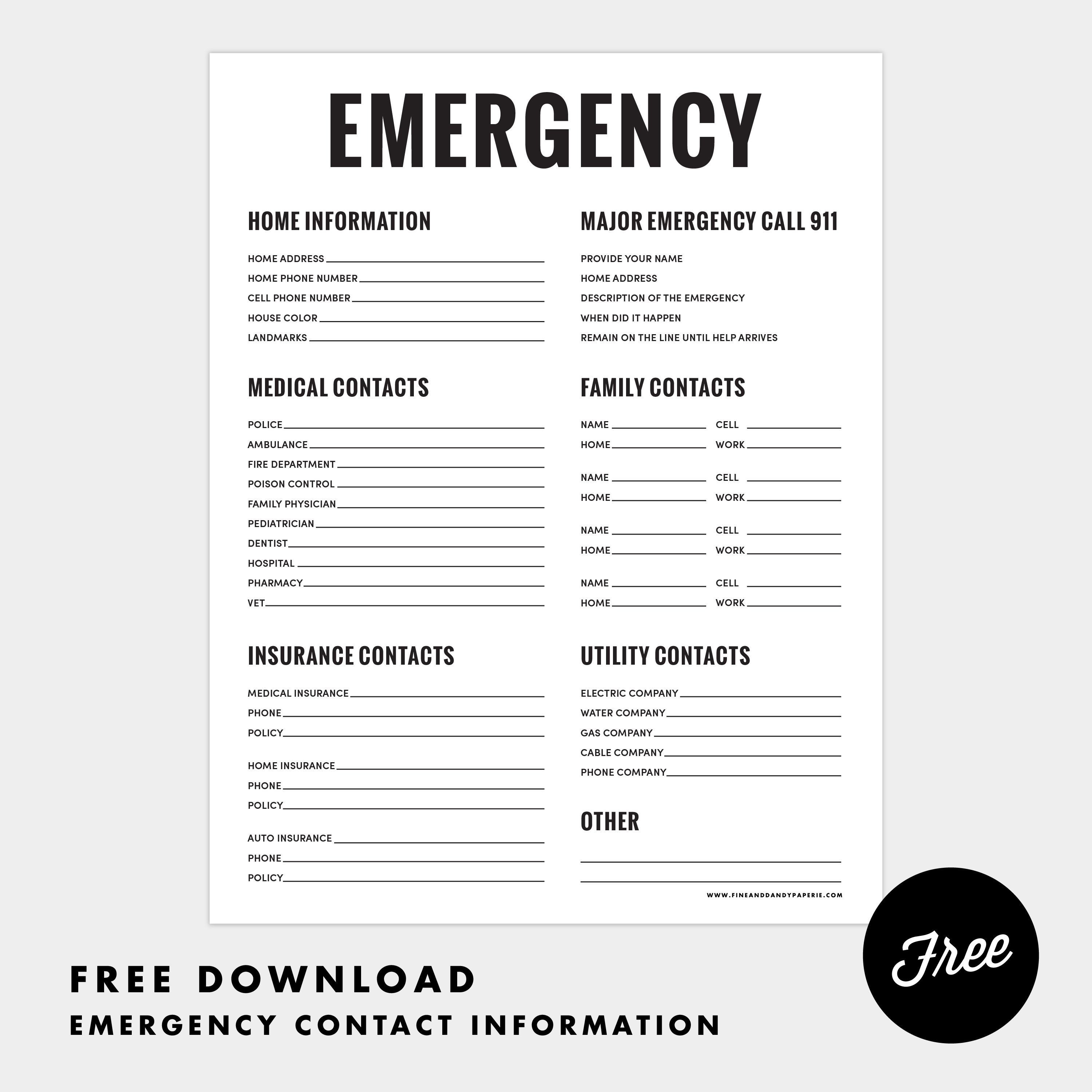 Fine & Dandy Freebies Emergency Contact Sheet Printable