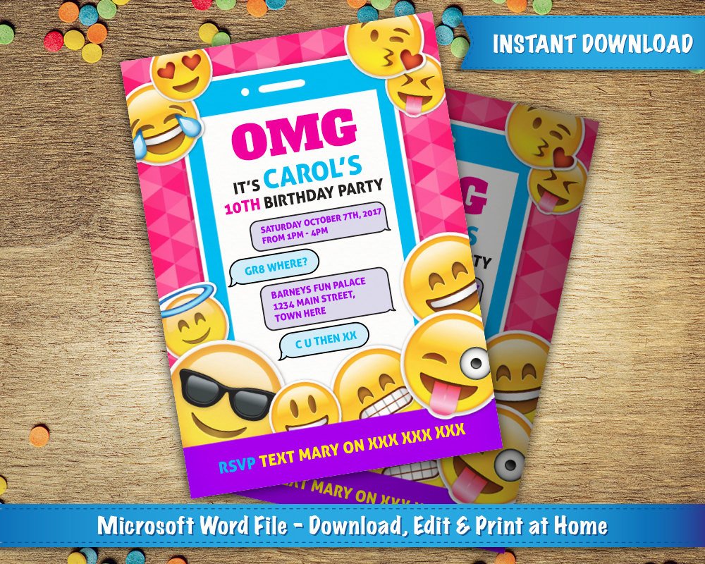 DIY Printable 5x7 Emoji Birthday Party Invitation Template