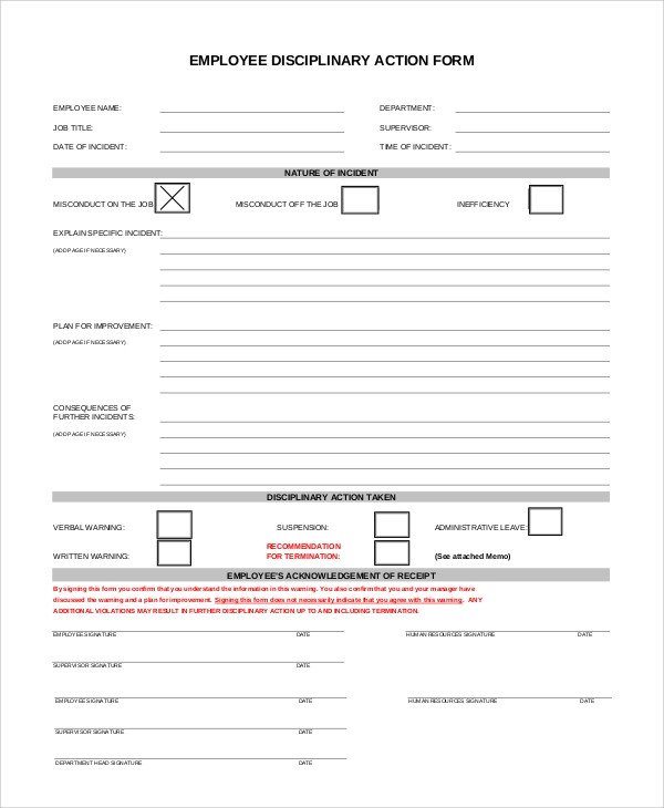 Sample Employee Discipline Form 10 Examples in PDF Word