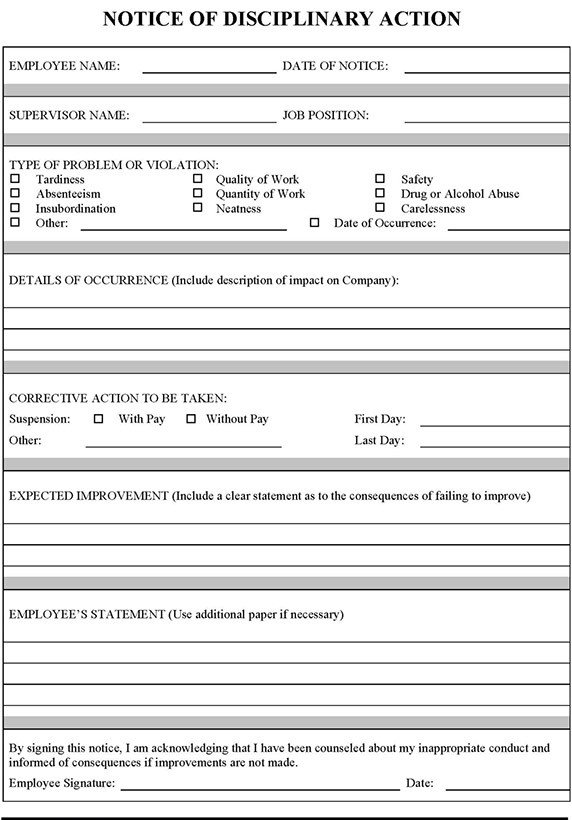 Employee Disciplinary Action Form Sample Forms