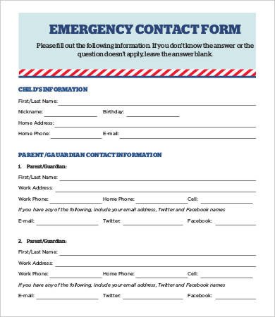 11 Emergency Contact Forms PDF DOC