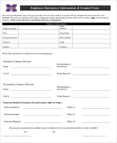 Sample Employee Emergency Contact Form 7 Examples in