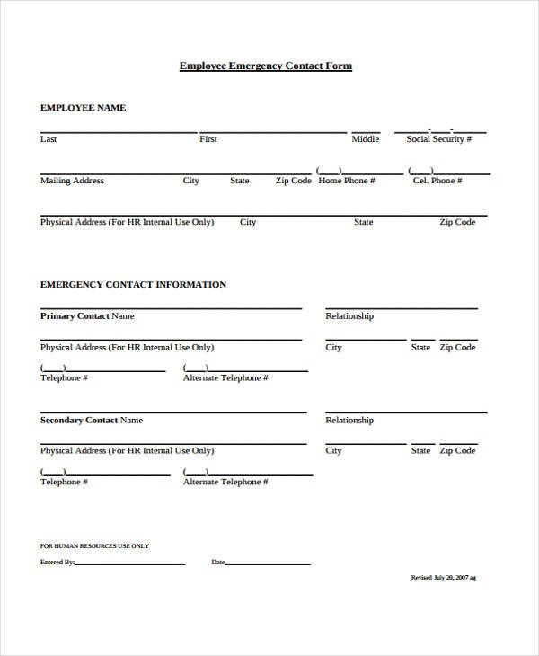 26 Emergency Contact Form in PDF Free Documents in PDF