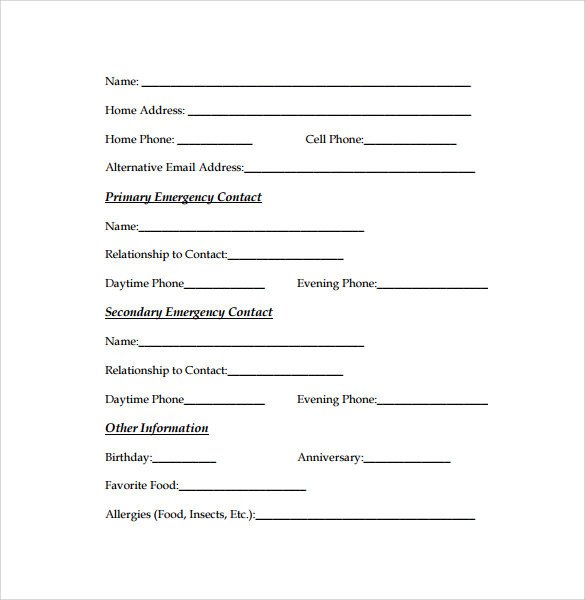 Emergency Contact Forms 11 Download Free Documents in