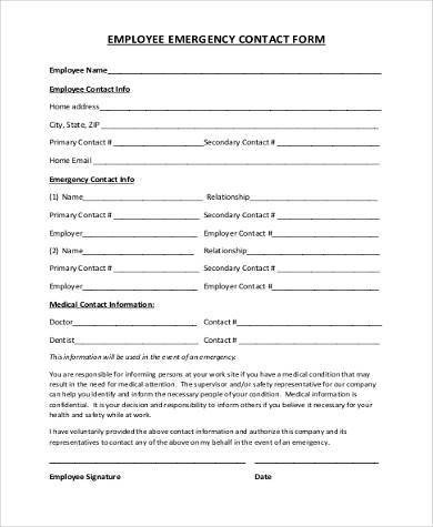 Employee Emergency Contact Form Samples 8 Free