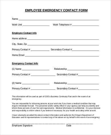 Employee Emergency Contact Form Samples 8 Free
