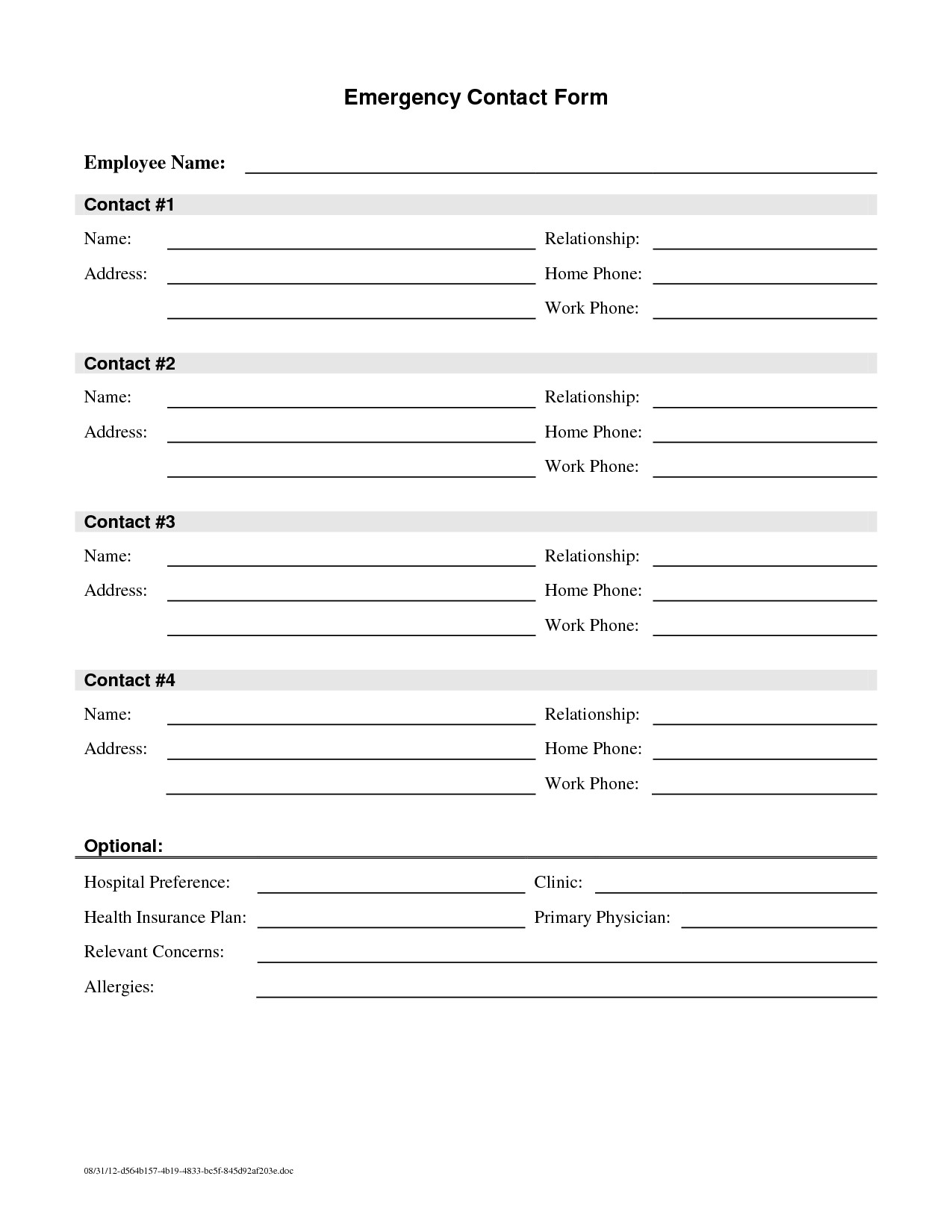 Employee Emergency Contact Printable Form to Pin