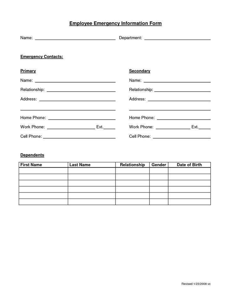 Employee Emergency Form Employee Forms