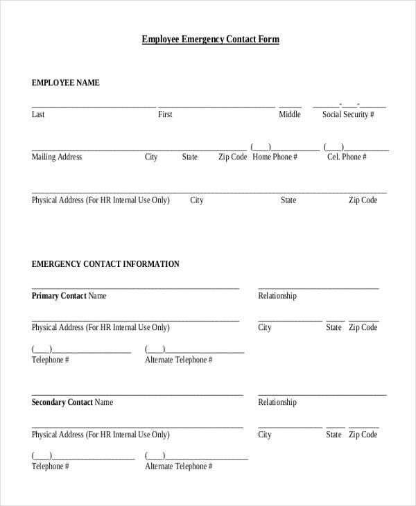Sample Emergency Contact Form 11 Free Documents in word
