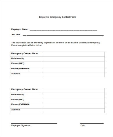 Sample Employee Emergency Contact Form 6 Free Documents