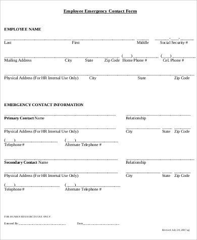 Sample Employee Emergency Contact Form 7 Examples in