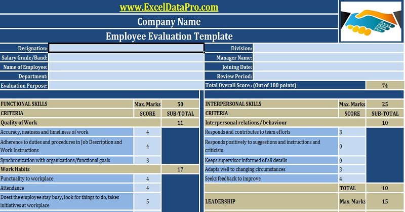 Download Employee Performance Evaluation Excel Template