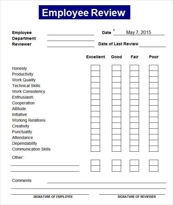 Sample Employee Review Template 7 Free Documents