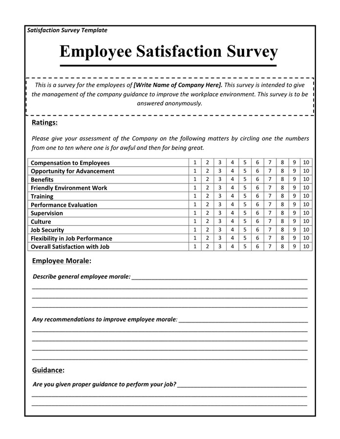 Employee satisfaction survey template in Word and Pdf formats