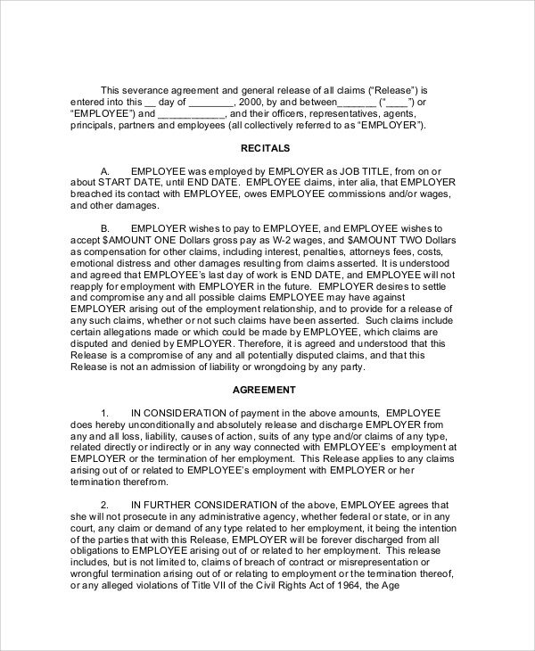 Sample Employment Separation Agreement 8 Documents in