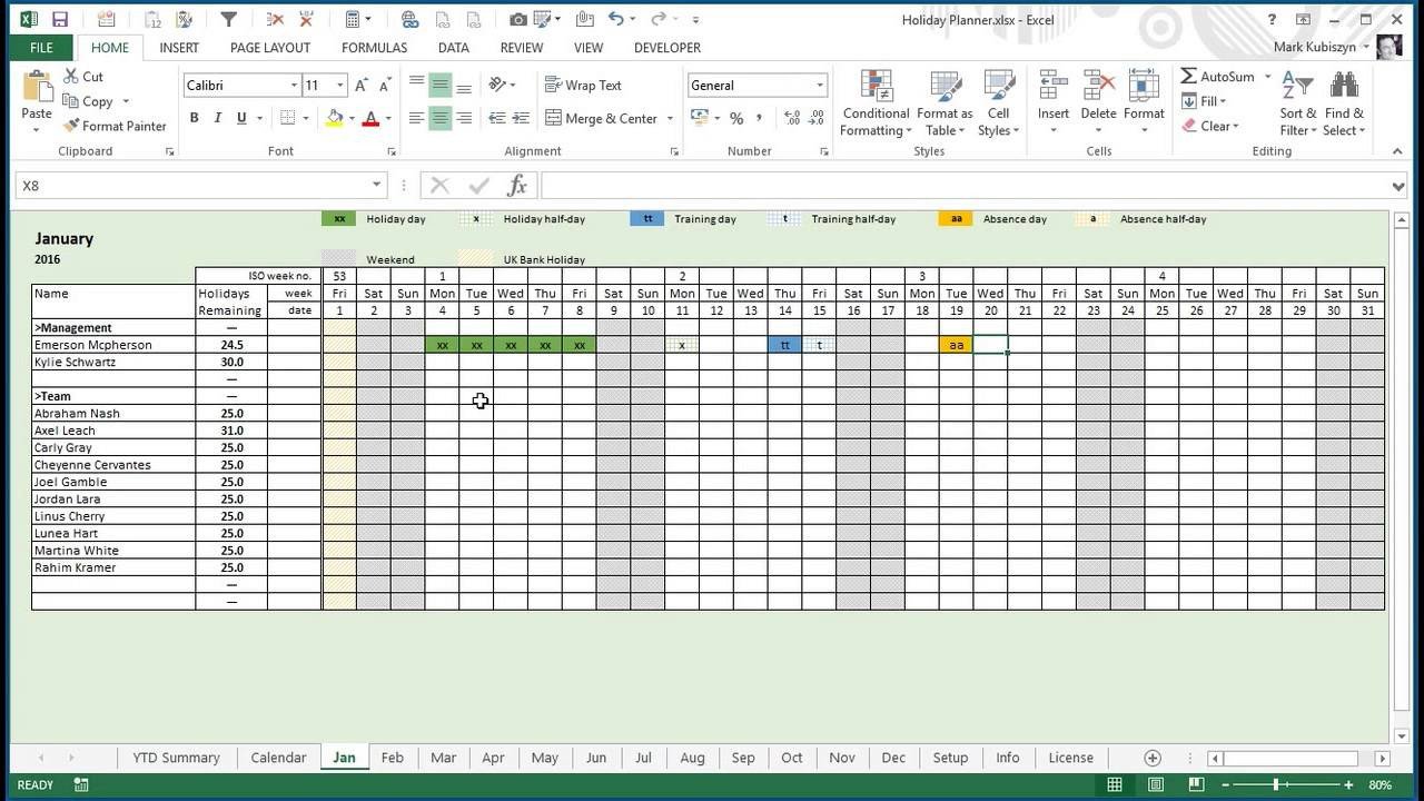Any Year Holiday Training & Absence Planner for Excel