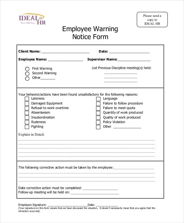6 Sample Employee Warning Notice Forms