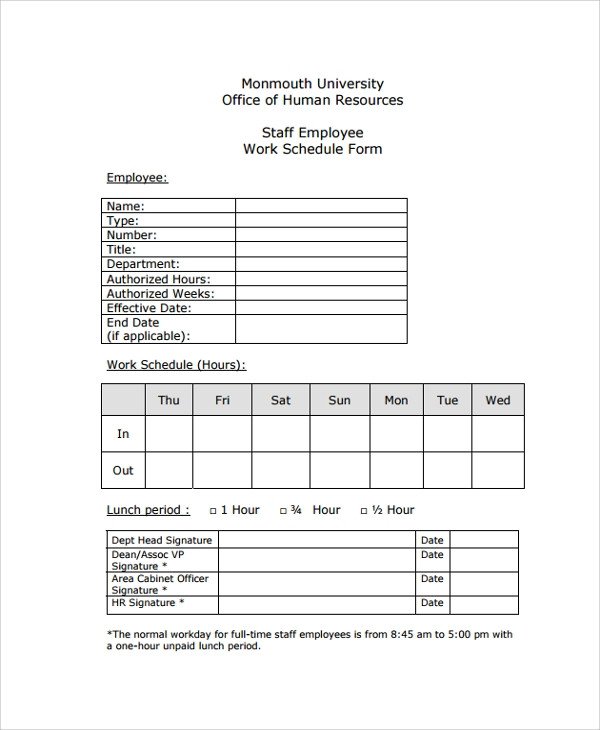 Sample Employee Work Schedule Template 8 Free Documents