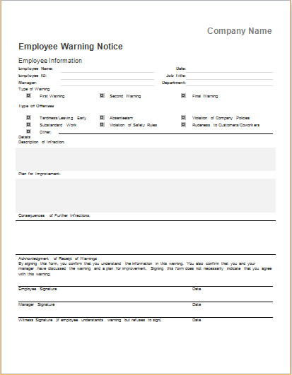 Employee Warning Notice Template for MS WORD