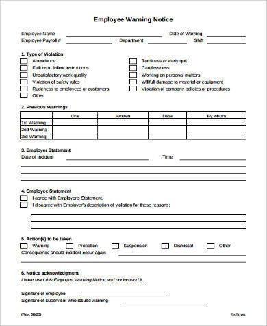 Sample Written Warning Forms 9 Free Documents in Word PDF