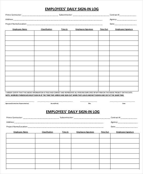 Employee Sign In Sheets 8 Free Word PDF Excel