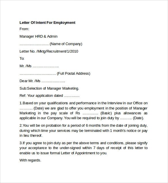 7 Letter of Intent for Employment Templates to Download