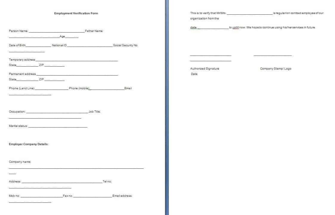 Employment Verification Form Template Free Formats Excel