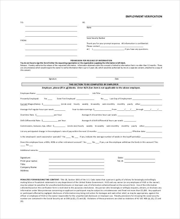 Sample Employment Verification Form 6 Documents in PDF
