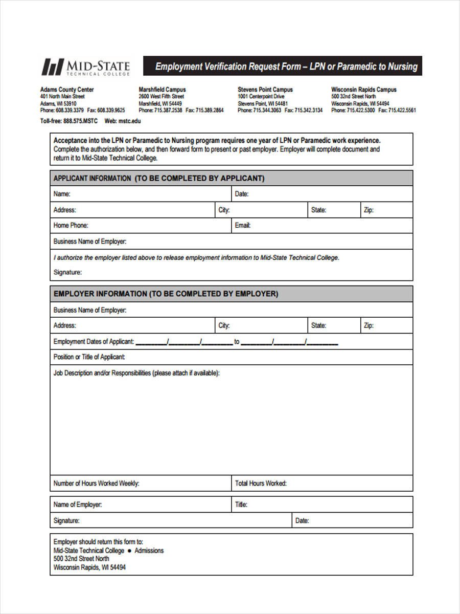 7 Employment Verification Request Form sample Free
