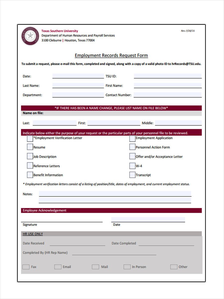 7 Employment Verification Request Form sample Free
