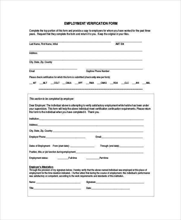 Sample Employment Verification Form 6 Documents in PDF