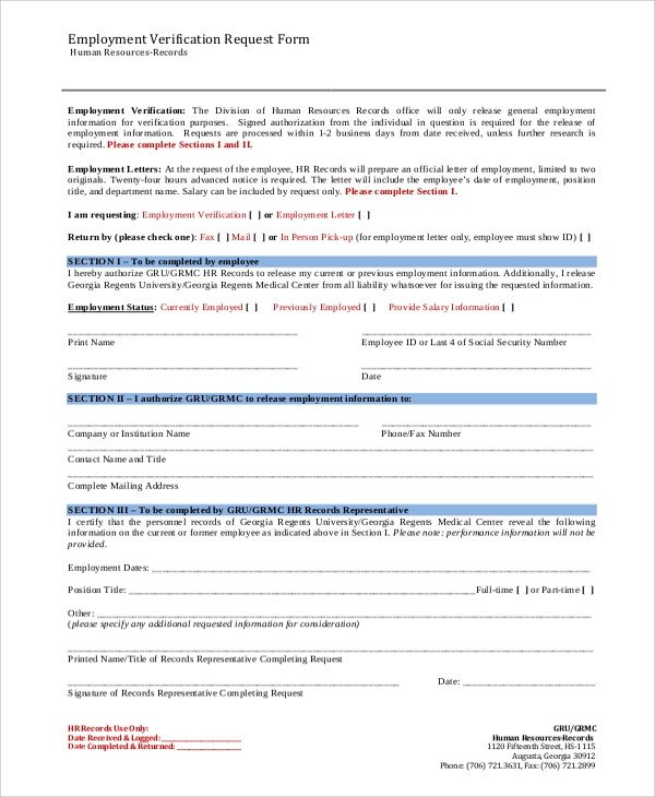 Sample Employment Verification Form 8 Examples in Word PDF