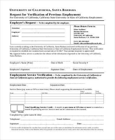 Sample Employment Verification Request Forms 8 Free