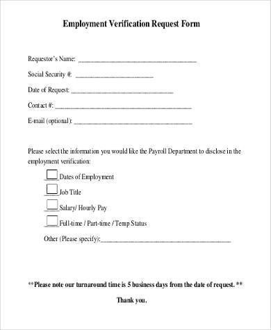 Sample Employment Verification Request Forms 9 Free