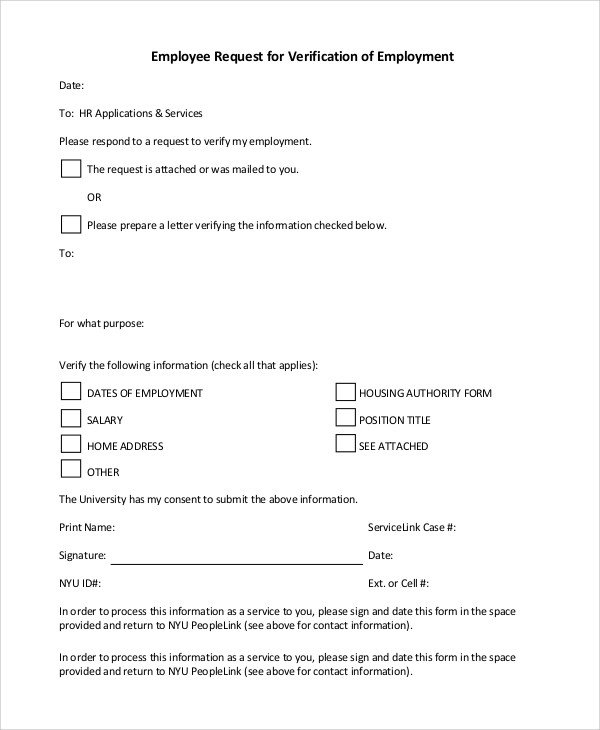 Sample Verification of Employment Form 10 Examples in