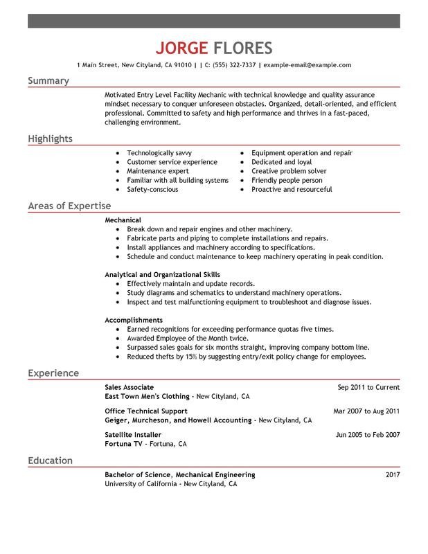 Unfor table Entry Level Mechanic Resume Examples to