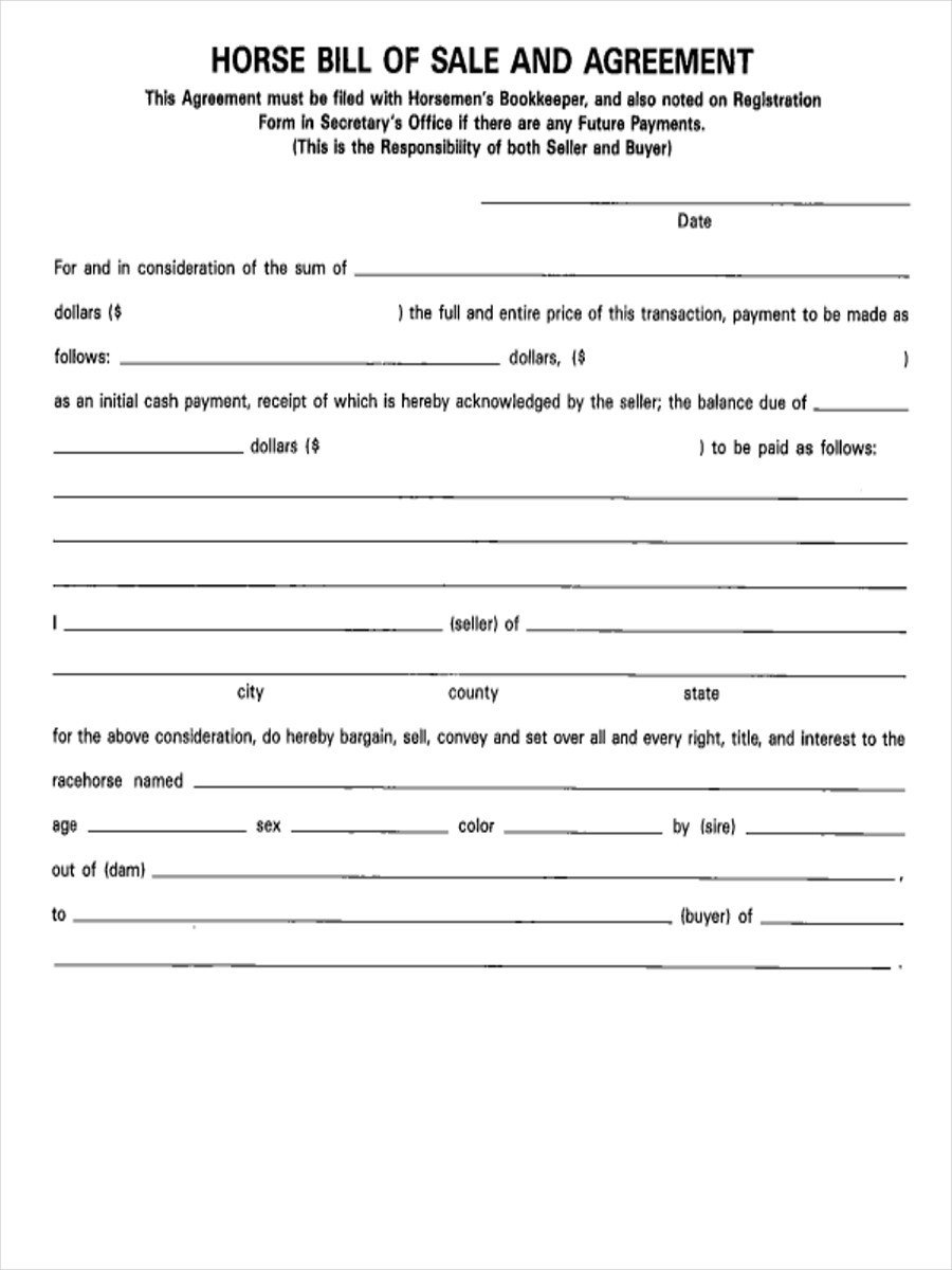 5 Horse Bill of Sale Forms Free Sample Example Format