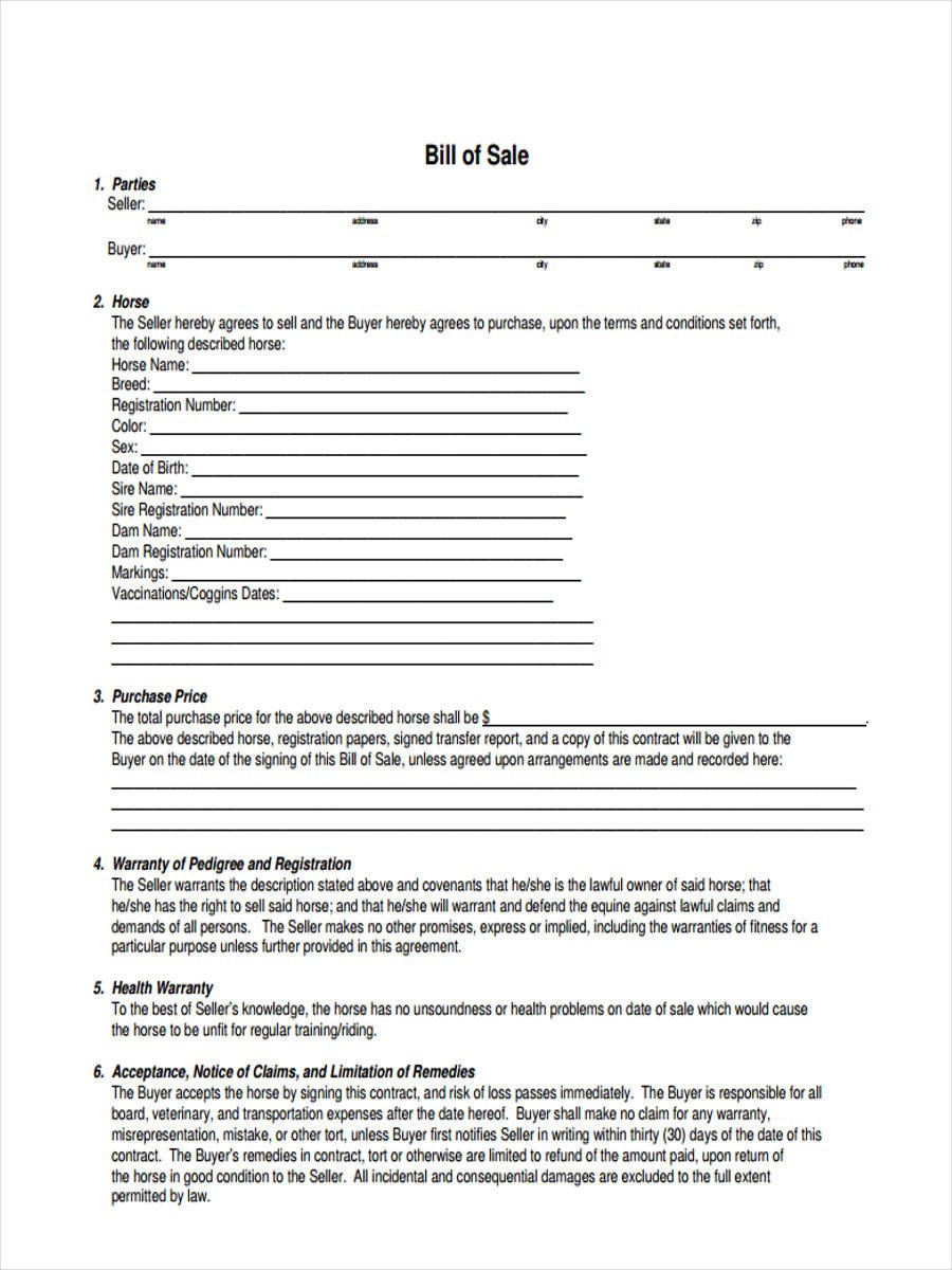 6 Horse Bill of Sale Form Samples Free Sample Example