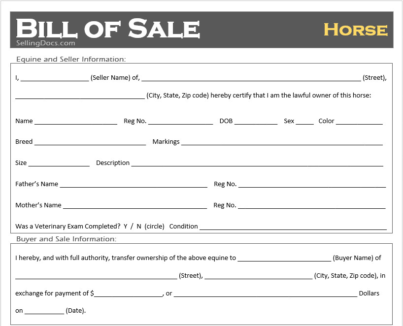 Free Printable Horse Bill of Sale Template Selling Docs
